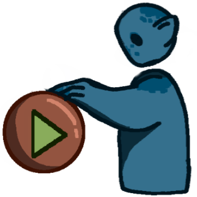 A drawing of a blue humanoid figure with pointed ears. Their hand rests on a circular orange button with a green play symbol on it, and they are looking at the button. 